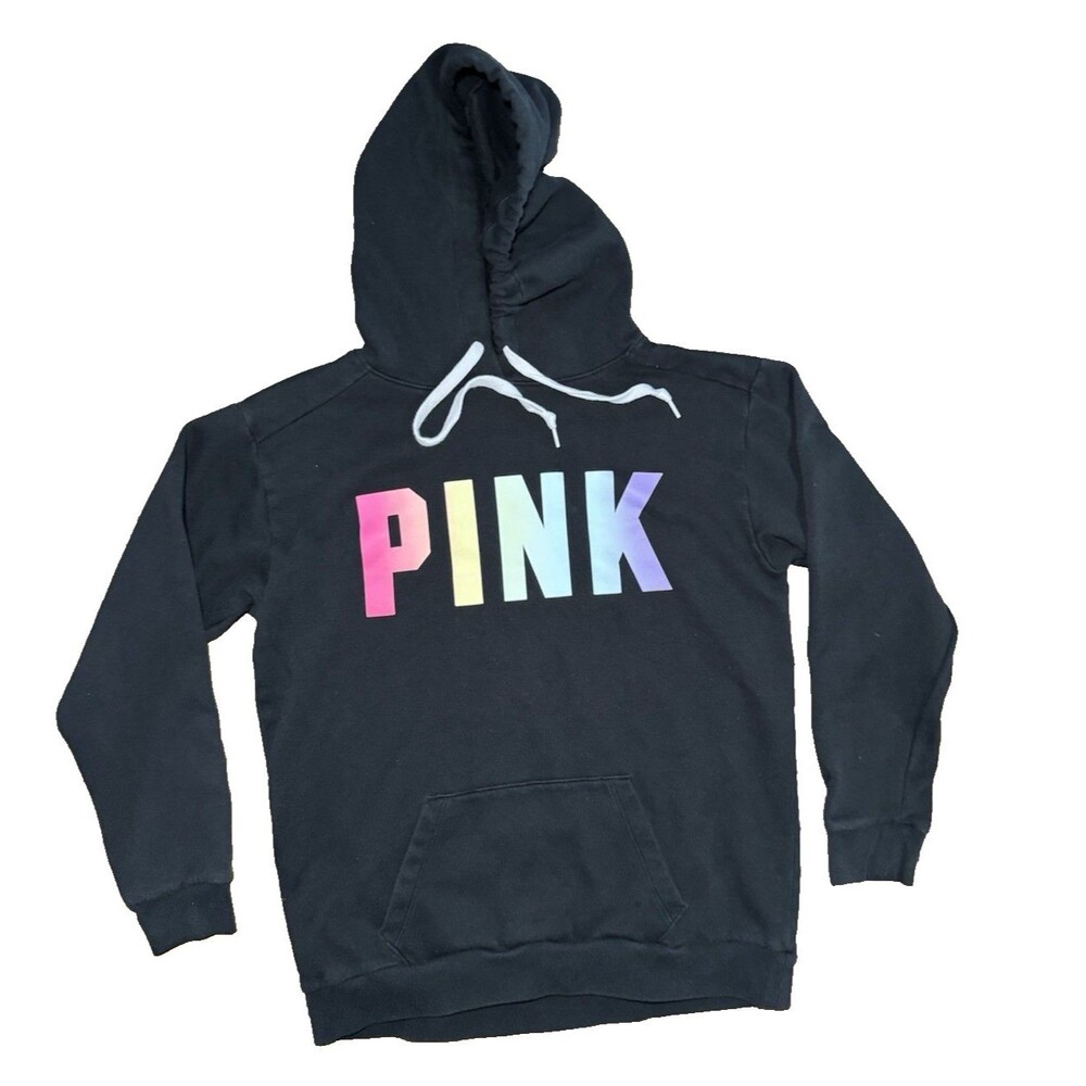 Y2K PINK Victoria’s Secret Campus Hoodie S Black Rainbow Ombre Logo Pullover
